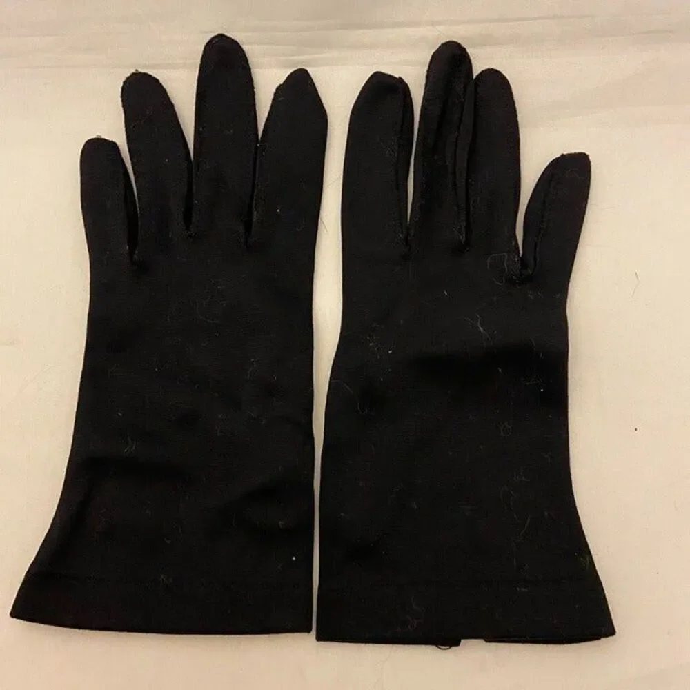 #6254 Vintage Womens Black Nylon Dress Gloves with Button closure Size M